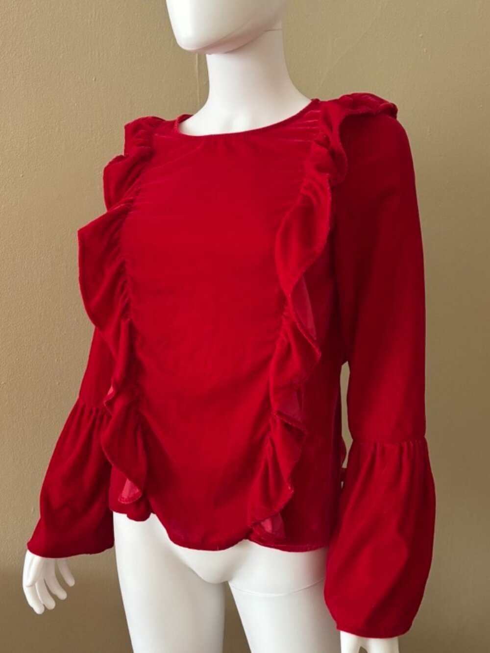 Whimsical Colorful Red Velvet Bell Sleeve Festive Dressy Trendy Ruffle Blouse
